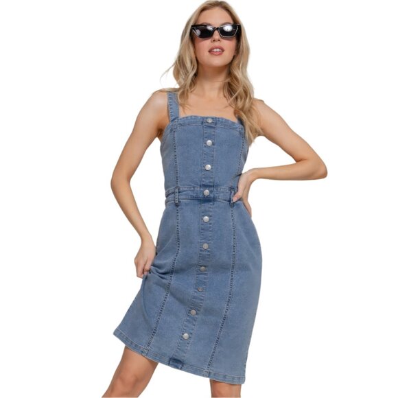 NWT Women's Button Down Placket Stretch Denim Dress - Picture 1 of 7